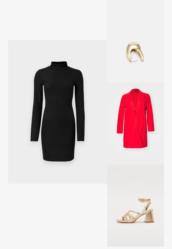 Punane pikk bleiser jope, millel on klapiga krae, ühe nupuga kinnitamine ja kaks eesmist taskut. Valmistatud siledast kangast, millel on vormitud lõige.; Must mustriba, pikkade varrukatega kleit, millel on vale kaelus, keha ligi istuv siluett ja sile tekstuur. Üksikasjadeta, reie keskele ulatuv pikkus.; Kuldne metallik kontsandaalid, millel on rihmadega disain, ruudukujuline plokkkonts ja reguleeritav pahkluu rihm klambriga. Sile tekstuur.; Kollane faux-krokodilli käsipindaga kott, millel on struktureeritud disain, ülemine käepide, eemaldatav kettmass ja dekoratiivne kristallkaunistus klambril.; Kuldtooni metallist kõrvarõngas, millel on elegantne ja kaarjas disain. Omab silmapaistvat teravat kuju, poleeritud pinda ja hingesulgemist.