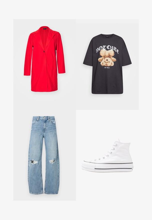 Rdeč dolg blazer plašč z ovratnikom, z enojnim gumbom in dvema sprednjima žepoma. Narejen iz gladkega materiala s prilagojenim krojem.; Črna oversized majica s kratkimi rokavi, na kateri je grafika medveda z besedilom „NI SRČKAN VKLJUČNO Z DIVJIM“ v poudarjenem belem tisku. Material: bombaž.; Svijetloplave traperice visoki struk. Imaju široke nogavice, dva poderana područja na koljenima i klasičan petotoksi stil.; Beli visoki platneni športni čevelj z črnim gumijastim podplatom, sprednjim gumijastim zaščitnikom za prste in šestimi luknjicami za vezalke, ki se ponaša s preprostim, minimalističnim dizajnom.