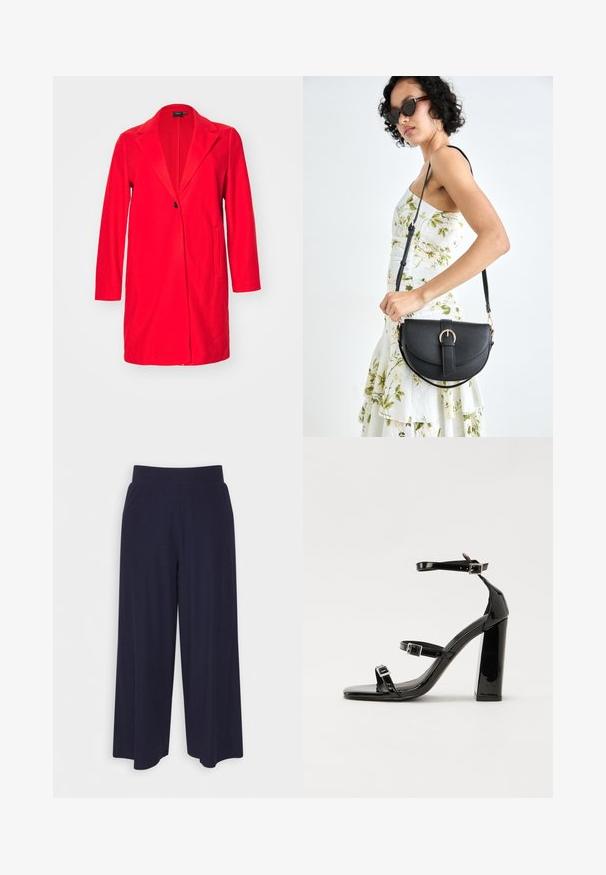 Rode lange blazerjas met een reverskraag, enkele knoopsluiting en twee voorkruiszakken. Gemaakt van een gladde stof met een getailleerde pasvorm.; Witte katoenen t-shirt met een rode kreeftafbeelding en blauwe tekst die zegt "Maine Beach Beste Kreeft van Massachusetts." Korte mouwen.; Wijd-uitlopende broek in donkerblauwe stof met een geribbeld patroon. Heeft een gladde tailleband en een vloeiende silhouet, die tot halverwege de kuiten reikt.; Zwarte gepatenteerde sandalen met hak en een vierkante neus, enkelbandjes en zilveren gespen. Heeft een stevige blokhak voor stabiliteit.; Zwarte leren handtas met een gebogen vorm, afneembare schouderband en gouden hardware. De tas heeft een klep met een gespsluiting.