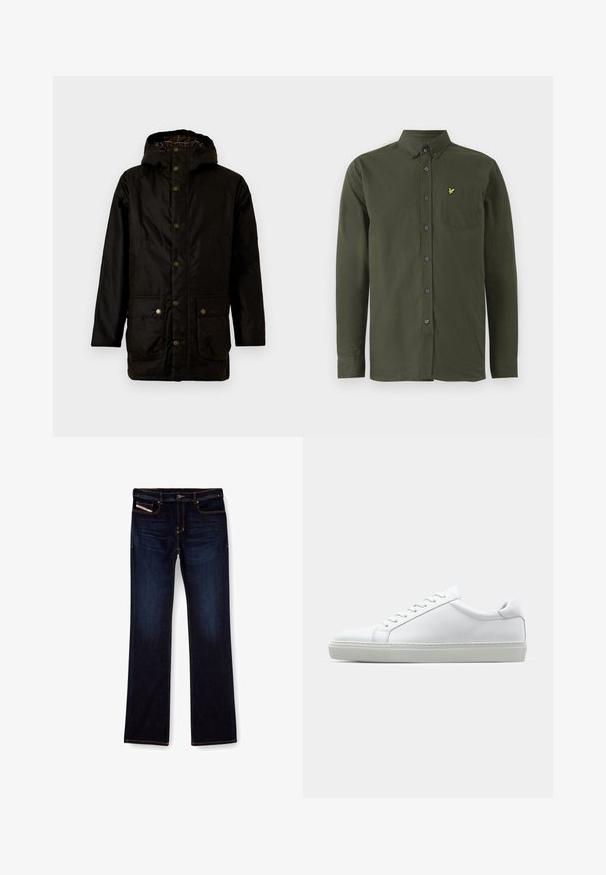 Černá nepromokavá bunda s kapucí, vybavená bronzovými knoflíky, dvěma velkými předními kapsami a károvanou podšívkou. Odolná tkanina a přímý střih.; Tmavě zelená košile s dlouhým rukávem na knoflíky, s límečkem na knoflíky, náprsní kapsou a malým žlutým vyšitým ptáčkem na kapse.; Tmavě modré džíny z denimu se střihem rovného nohavice, s oranžovým prošíváním, zipem na přední straně a předními kapsami. Hladká textury a standardní pas.; Bílé tenisky s hladkým koženým svrškem a nízkým profilem. Mají zaoblenou špičku, šest nýtů a texturovanou gumovou podrážku.