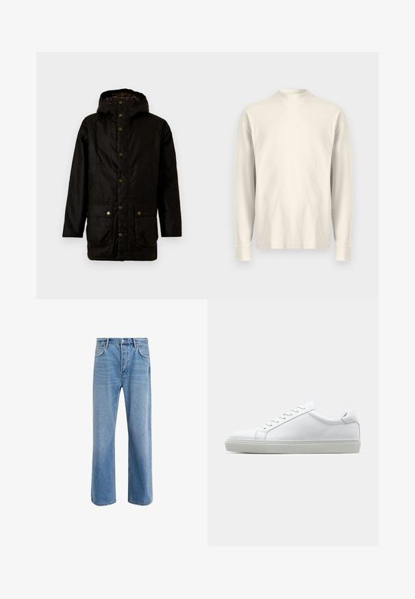 Casaco impermeável preto com capuz, apresentando botões em bronze, dois grandes bolsos frontais e um forro xadrez. Tecido durável e corte reto.; Camisa de manga longa com gola alta em algodão creme claro. Textura suave, corte relaxado, design minimalista, sem padrões ou acentos visíveis.; Calças de ganga azul claro com um design de perna reta, cinco bolsos, fecho de botão, desgaste mínimo e detalhes de costura em contraste.; Sapatilha branca com um cabedal em couro liso e de perfil baixo. Apresenta um bico redondo, seis ilhoses e uma sola de borracha texturizada.