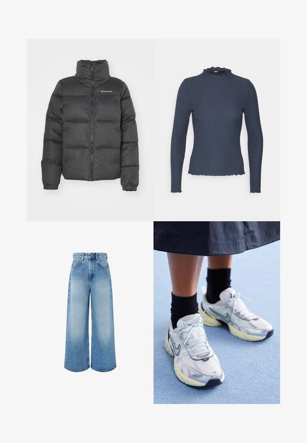 Tamsiai pilka pūkinė striukė su aukštu apykakle, paminkštintomis dalimis, priekiniais užtrauktukais ir logotipo detale viršutiniame kairiajame kampe. Minkšta tekstūra.; Džemperis su ilgomis rankovėmis, pagamintas iš vatinės tekstūros. Jame yra aukštas kaklas su banguotu kraštu ir liesas siluetas.; Šviesiai mėlynos plačios kojų džinsinės kelnės, pagamintos iš džinsinio audinio, su aukštu liemeniu, mygtukų užsegimu ir subtiliu išblukimu, turinčiu švarius apdailos kraštus.; Balti ir sidabriniai Nike sportbačiai su tinkline medžiaga, atspindinčiais akcentais ir smėlio spalvos padu. Dėvimi su juodomis kojinėmis, stovint ant mėlynos paviršiaus.