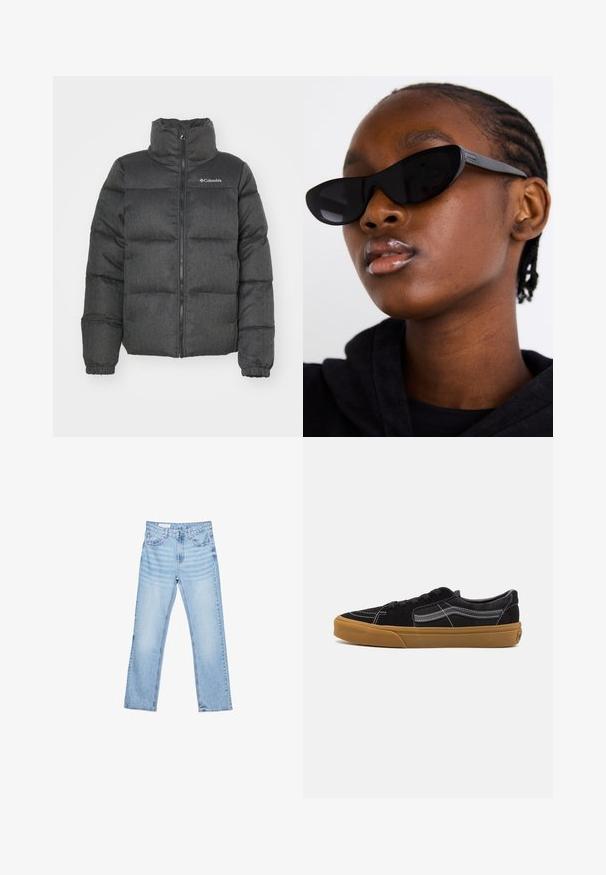 Pufová bunda v tmavošedej farbe s vysokým golierom, polstrovanými časťami, predným zipsom a logom na hornej ľavej strane. Mäkká štruktúra.; Námornícky dlhý rukáv top s rebrovanou štruktúrou. Má vysoký výstrih s vlnkovým lemom a štíhly strih.; Svetlomodré denimové nohavice so straight strihom, päť vreckami a viditeľným prešívaním. Stredne vysoký pás s klasickým zapínaním na gombík a zips.; Čierne semišové tenisky s bielym prešívaním a podpisovou bočnou pruhou, s tan gumovou podrážkou a nízkym dizajnom. S šnúrkami v čiernej farbe.; Čierne slnečné okuliare v štýle mačacích očí s matným povrchom, s elegantným dizajnom a jemne zakrivenými hranami, umiestnené na pozadí modela v tmavom oblečení.; Strieborné kruhové náušnice s hladkým, lesklým povrchom. Kolový tvar a bezpečné klikanie na uzatváranie. Ľahký dizajn vhodný na každodenné nosenie.