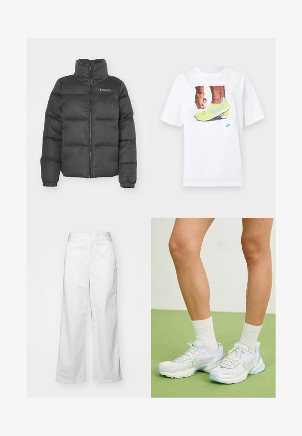 Jachetă puffer în gri închis cu guler înalt, secțiuni umplute, fermoar frontal și detaliu logo în partea stângă sus. Textură moale.; Tricou alb din bumbac, prezentând un grafic cu picioare încălțate în ghete Nike galbene cu accente albastre, asociat cu o brățară pe încheietura stângă.; Pantaloni largi albi din bumbac, cu o textură fină, croi drept, buzunare frontale și tiv curat.; Pantofi sport albi și bleu deschis, cu materiale din plasă și sintetice, având accente texturate, formă rotunjită și o talpă cu amortizare.