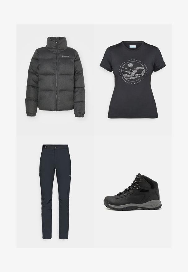 Tumehall puffer-jakk, millel on kõrge krae, polsterdatud osad, ees lukuga ja logo detail vasakul ülanurgas. Pehme tekstuur.; Musternine Columbia T-särk mustas värvuses, millel on valge ümmargune mägi ja jõe joonistus ning tekst "Columbia Sportswear Company Outside Since 1938."; Meeste välkpüksid, tumehallid, valmistatud paindlikest materjalidest, vöökohaga, tõmblukuga taskud ja tugevdatud õmblused.; Mustarjaline matkasaabas, millel on keskmine disain, tekstuuriga ülemine osa, hallid aktsendid ja vastupidav kummist põhi, millel on haardelugesid.