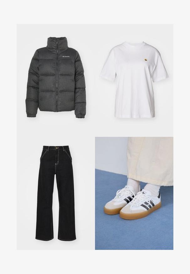 Puffer jacket in dark gray with a high collar, padded sections, front zipper, and logo detail on the upper left side. Soft texture.; White cotton t-shirt with a relaxed fit, short sleeves, and a small embroidered logo on the left chest area.; Black wide-leg jeans made of denim, featuring contrasting white stitching and a front button closure, with two angled front pockets.; White sneakers with black stripes and beige suede accents. Feature a textured gum sole and flat white laces, worn with light-colored socks.