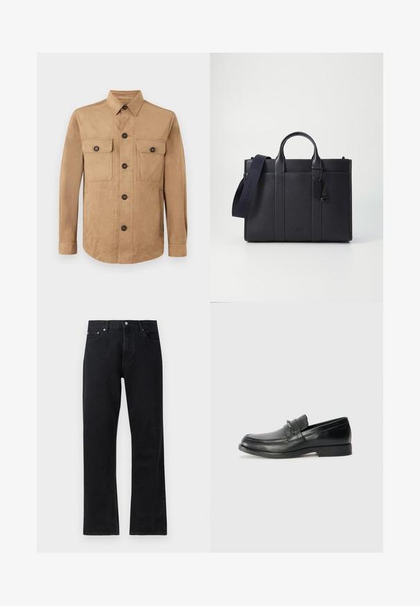 Veste beige en tissu doux, dotée d'une fermeture boutonnée à l'avant, de deux poches à rabat avec des boutons, et de manches longues avec des poignets boutonnés.; Pull beige en V en tissu doux, doté de manches longues, de poignets en côtes, et d'un petit logo sur la poitrine.; Jean en denim noir avec une coupe droite, doté d'une fermeture à bouton, d'un style à cinq poches et de détails de couture subtils.; Mocassins en cuir noir à bout rond, avec un design cousu, une petite sangle à l'avant avec des détails en métal et une semelle plate en caoutchouc.; Malette en cuir bleu marine foncé avec deux poignées supérieures et une sangle détachable. Présente une finition texturée, des coutures verticales et un détail de logo.