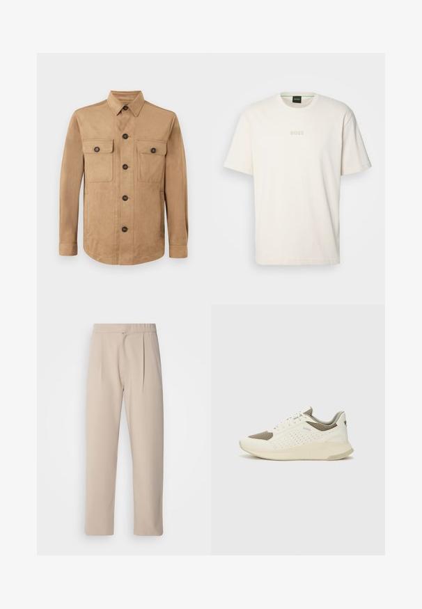 Tan jacket made of soft fabric, featuring a button-up front, two flap pockets with buttons, and long sleeves with buttoned cuffs.; BOSS TEE - Basic T-shirt - open white; Beige, pleated trousers made of soft fabric. Features an elastic waistband, straight legs, and a smooth texture. No pockets or accents.; White and light beige athletic sneaker, featuring a mesh upper, perforated detailing, and a textured midsole with branding on the heel.
