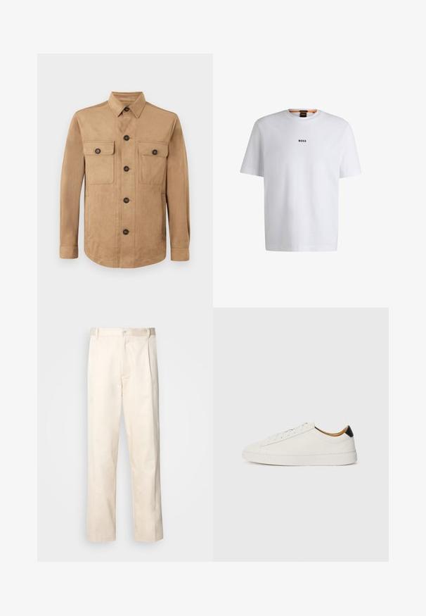 Casaco bege feito de tecido macio, apresentando um fecho à frente com botões, dois bolsos com aba e botão, e mangas longas com punhos abotoados.; T-shirt de algodão branca com mangas curtas, apresentando um logo preto "BOSS" centrado no peito e um design de gola redonda.; Calças de algodão bege com corte reto, apresentando um fecho de botão e pregas na frente para um detalhe adicional.; Sapatilhas brancas com um cabedal em couro liso, bico redondo e sola plana. Detalhe preto no calcanhar, com atacadores tonais e uma marcação minimalista.