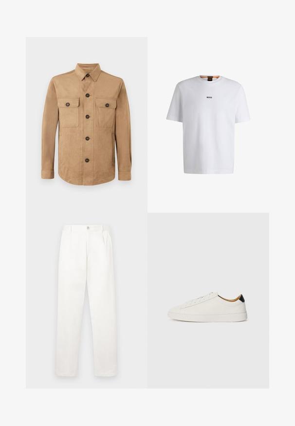 Béžová bunda vyrobená z jemnej tkaniny, s gombíkovým zapínaním, dvoma vreckami s chlopňami na gombíky a dlhými rukávmi so zapínaním na gombíky.; Biela bavlnená tričko s krátkymi rukávmi, na prednej strane so stredne umiestneným čiernym logom "BOSS" a okrúhlym výstrihom.; Biele nohavice vyrobené z hladkej tkaniny, s rovnými nohavicami, prednými záhybmi a jedným gombíkom na zapínanie v páse.; Biele tenisky s hladkým koženým zvrškom, okrúhlou špičkou a plochou podrážkou. Čierny detail na päte, s tonálnym viazaním a minimálnym brandingom.