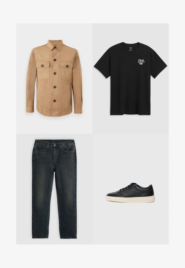 Veste beige en tissu doux, dotée d'une fermeture boutonnée à l'avant, de deux poches à rabat avec des boutons, et de manches longues avec des poignets boutonnés.; T-shirt noir en coton avec un imprimé sur la poitrine portant la mention "PLANTES D'INTÉRIEUR" en police stylisée blanche, avec "Levi's" en dessous. Encolure classique. ; Jean en denim bleu foncé à coupe droite, avec cinq poches, une fermeture éclair et des coutures contrastées. Légère décoloration sur le tissu.; Baskets en cuir noires à tiges basses avec lacets noirs et semelle ivoire, présentées en profil latéral sur fond blanc.