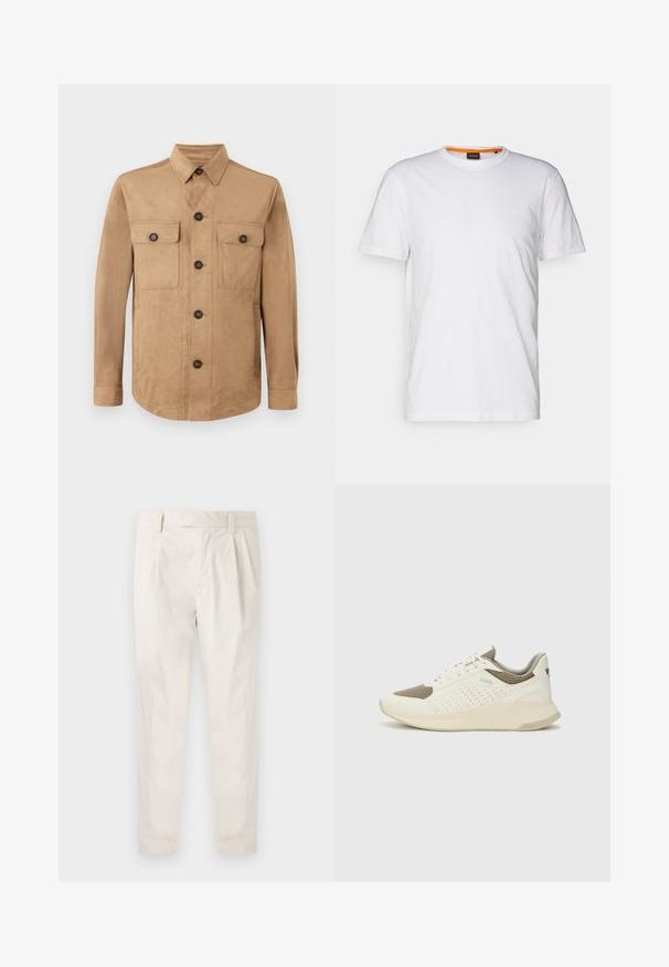 Kreemjas jakk, mis on valmistatud pehmest kangast, varrukatel nööridega, nööbitav esiosa, kahe klapiga tasku, kus on nööbid, ja pikad varrukad nööbiga mansettidega.; Valge puuvillane T-särk ümmarguse kaelusega, lühikeste varrukatega ja rinna peal diskreetse reljeefse logoga. Siseetiketil on oranž detail.; Valged volditud püksid, mis on kohandatud sobivusega, sujuva tekstuuriga, vööloopidega ja kitsenevate jalgadega. Pole nähtavaid taskuid ega mustreid.; Valge ja heledat beeži värvi spordijalats, millel on õhuke võrkmaterjal, perforatsioonidega detailid ning tekstuuriga vahetald, millel on brändi logo kannaosas.