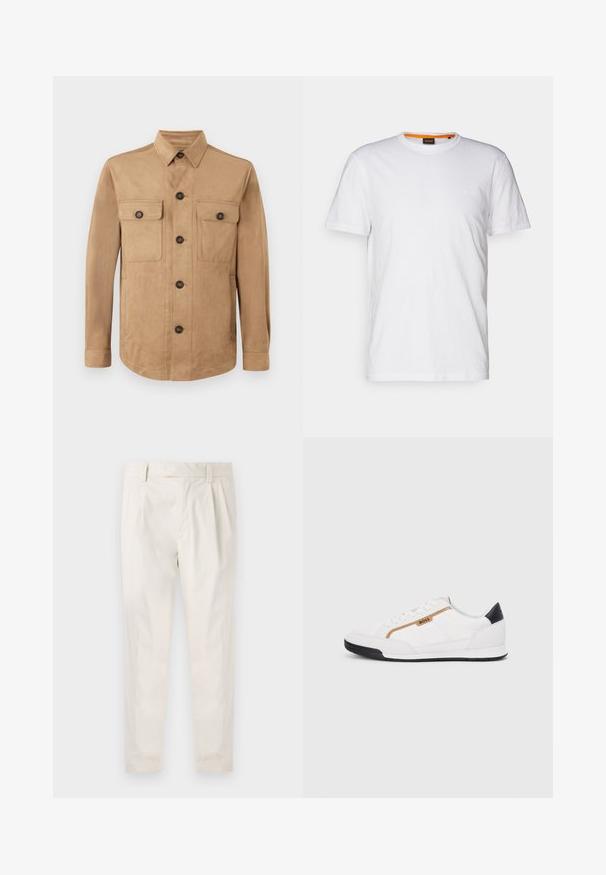 Bež jakna od mekog materijala sa dugmadi, dva džepa s preklopom i dugmadima, i dugim rukavima s dugmadima na manžetama.; Bijela pamučna majica s okruglim izrezom, kratkim rukavima i suptilnim ugraviranim logom na prsima. Unutarnja oznaka ima narančasti akcent.; Bijele, naborane hlače s krojem po mjeri, koje imaju glatku teksturu, petlje za pojas i sužene nogavice. Nema vidljivih džepova ili uzoraka.; Bijele atletske tenisice s mrežastim i kožnim detaljima. Imaju zlatni "BOSS" logo, teksturirane bočne panele i crnu kapicu na peti. Gumeni potplat.