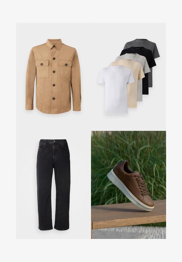 Barna kabát puha anyagból, gombos elülső résszel, két gombos, fedett zsebével és hosszú ujjával, gombos mandzsettával.; Öt darab rövid ujjú póló szett fehér, bézs, világosszürke, sötétszürke és fekete színekben. Simaságot biztosító pamutból készült, kerek nyakkivágással.; Fekete farmernadrág egyenes szabással, öt zsebbel és kontrasztos varrással. Gombos záródással és övbújtatókkal a derékrészen.; Barna bőr tornacipő fehér gumi talppal, lekerekített orral és barna fűzős kialakítással. A talp texturált tapadással, míg a felsőrész sima felülettel rendelkezik.