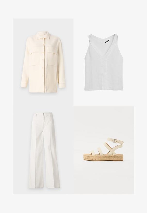 Cremfarbener Shirt-Jacke aus weichem Stoff, mit Kragen, Knopfleiste und zwei Brusttaschen. Lange Ärmel mit Manschetten.; Massimo Dutti FLOWING DOUBLE FABRIC GARMENT - Top - white; Weiße weite Hosen aus Baumwolle mit glatter Textur. Sie verfügen über einen vorderen Knopf, einen Reißverschluss und ein Design mit vier Taschen.; Hellbeige Leder-espadrillesandalette mit vier überkreuzten Riemen und einem Knöchelverschluss, ausgestattet mit einer geflochtenen Jutesohle und einer flachen Gummisohle.