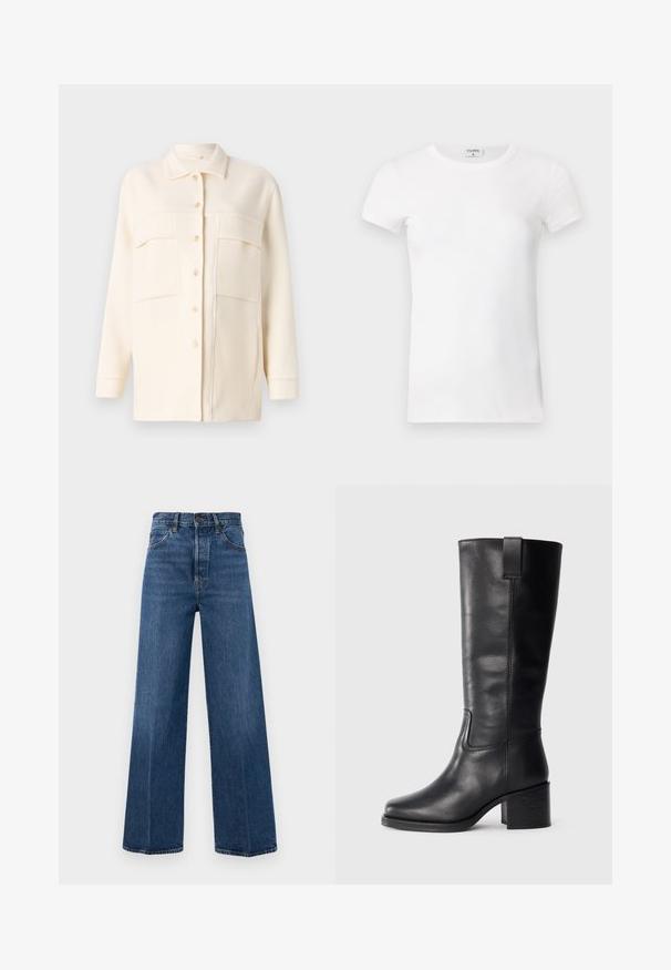 Crèmewitte shirtjack gemaakt van zachte stof, met een kraag, knoopsluiting aan de voorkant en twee borstzakken. Lange mouwen met manchetten.; Wit geribd T-shirt met korte mouwen en een ronde hals. De stof lijkt glad met een getailleerde pasvorm. Logo zichtbaar op de kraag.; Wijd-uitlopende blauwe jeans van denim met een hoge taille, voorzakken en contrasterende stiksels. De stof heeft een zachte textuur.; Zwarte leren kniehoge laarzen met een gladde textuur, vierkante neus, blokhak en zijhandvat, met minimale stikseldetails.