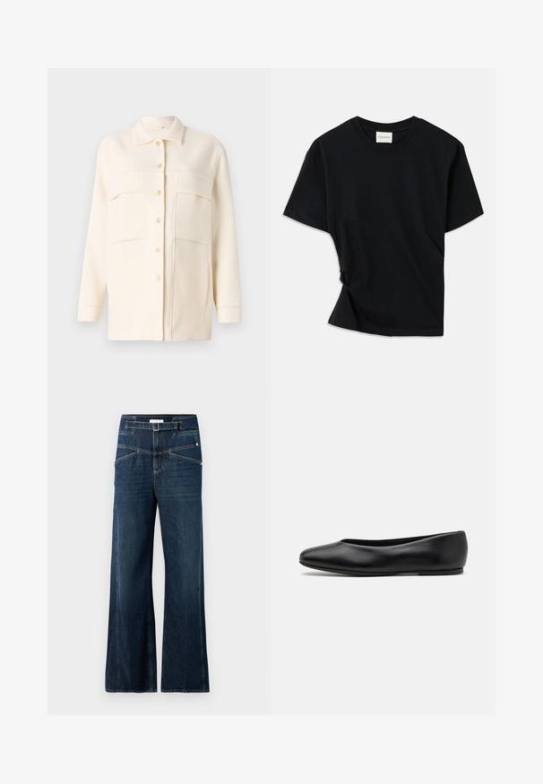 Kurtka koszulowa w kolorze kremowym, wykonana z miękkiego materiału, z kołnierzykiem, zapięciem na guziki i dwiema kieszeniami na piersi. Długie rękawy z mankietami.; Czarny t-shirt wykonany z miękkiej bawełny, z okrągłym dekoltem, krótkimi rękawami i lekko skręconym fasonem zapewniającym luźny krój.; Spodnie typu wide-leg z ciemnoniebieskiego denimu, z wysokim stanem, dwiema przednimi kieszeniami i kontrastowymi przeszyciami.; Paul Smith TOPANGA czarny