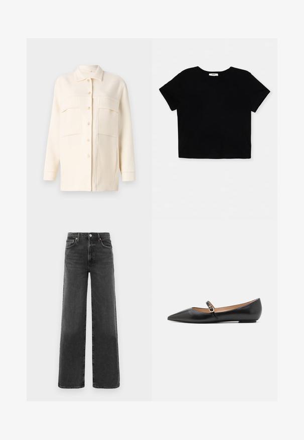 Kreemi värvi särkjakk pehmest kangast, millel on krae, nööbid ees ja kaks rinna/taskut. Pikad varrukad mansettidega.; Must muströömiline must t-särk, mis on valmistatud pehmest puuvillast. Sellel on lühikesed varrukad, ümar kaelus ja puhas serv ilma kaunistusteta.; Mustad kõrge vöökoht ja sirged jalgadega teksad, millel on ees nupp ja lukk, kaks eesmist taskut ja kaks tagumist taskut.; Musthave mustanahkased balletkingad terava varbaga ja külgrihmaga, millel on ümmargune kuldne aksessuaar. Kerged ja tasase tallaga.