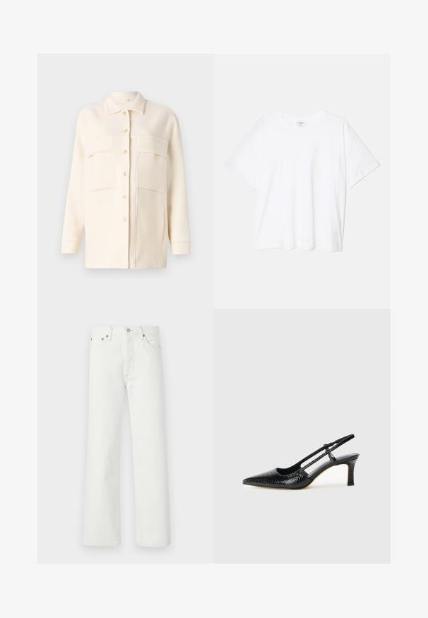 Srajca-jakna v kremni barvi, izdelana iz mehke tkanine, z ovratnikom, z gumbi spredaj in dvema prsoma žepoma. Dolgi rokavi s manšetami.; Bela bombažna majica s kratkimi rokavi, okroglim izrezom, sproščenim krojem in šivanim robom. Oznaka vidna na notranji strani izreza.; Bela denimska hlača s ravnim krojem, pet žepov in kovinskimi dodatki na pasu in žepih.; Črne lakaste slingback pete s koničastim nosom, ki imajo teksturiran vzorec kačje kože, nastavljiv trak in kratek teksturiran blok peto.
