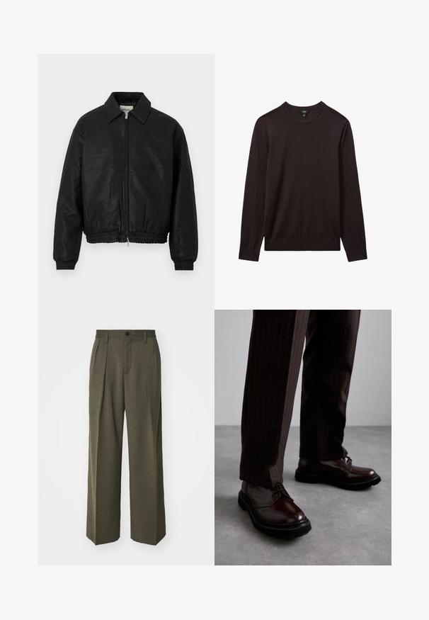 Mustast nahast bomber-jakk, millel on ees tõmblukk, terav krae, elastsed mansetid ja elastne talje, esitleb valgel taustal.; Reiss Džemper - dark bordeaux; Filippa K WIDE TROUSERS - Püksid - driftwood; Pruun nahast nööbitavad kingad läikiva viimistlusega, musta kummist tallaga ja peene tikandiga. Kanda pinstriped pruunide pükstega.