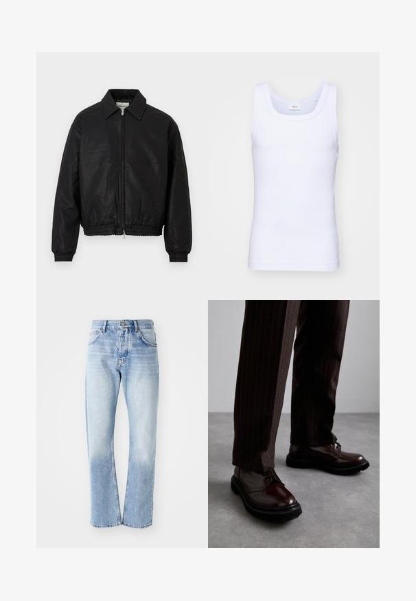 Giacca bomber in pelle nera con zip frontale, colletto a punta, polsini elasticizzati e vita elastica, esposta su uno sfondo bianco.; Canottiera bianca in cotone senza maniche con scollatura rotonda, caratterizzata da una texture liscia e una vestibilità aderente, progettata per l'abbigliamento casual.; Jeans in denim blu chiaro con taglio dritto. Presentano un design a cinque tasche, apertura con bottone e una texture sbiadita verso il fondo.; Scarpe stringate in pelle marrone con finitura lucida, suola in gomma nera e cuciture sottili. Indossate con pantaloni marroni a righe.