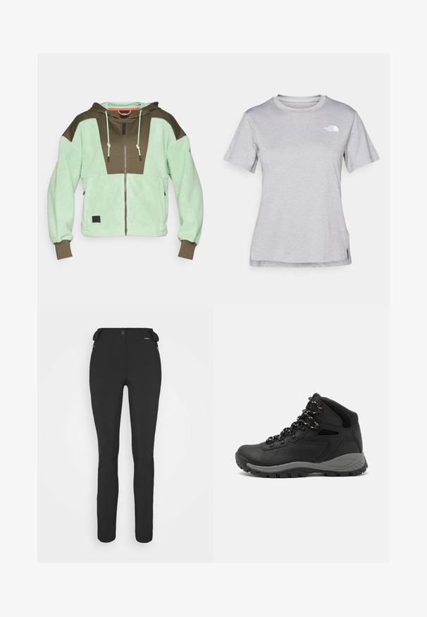 Felpa con zip in pile che presenta pannelli verde chiaro e marrone scuro, un cappuccio con coulisse e una finitura testurizzata. Patch logo nero all'orlo.; T-shirt grigio a maniche corte realizzato in morbido tessuto traspirante. Presenta un collo tondo e un piccolo logo bianco nella parte superiore sinistra.; Pantaloni neri aderenti realizzati in materiale flessibile. Presentano una tasca laterale con zip, ginocchia articolate e una texture liscia.; Stivale da trekking nero con design a metà altezza, dotato di una tomaia texturizzata, accenti grigi e suola in gomma resistente con tasselli per la trazione.