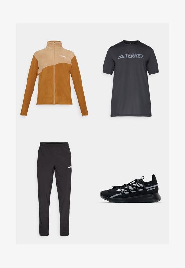Brown fleece jacket with a beige upper panel, high collar, full-length zipper, and Terrex logo. Features two side pockets. Soft texture.; Black short-sleeve t-shirt made of lightweight fabric, featuring a light gray “TERREX” logo across the chest and a crew neckline.; Black athletic pants with an elastic waistband, two side zip pockets, and a logo on the upper right leg. Smooth, lightweight fabric.; Black athletic shoe with a mesh upper, reflective accents, elastic laces, and a textured rubber sole. Features a sleek design for performance.