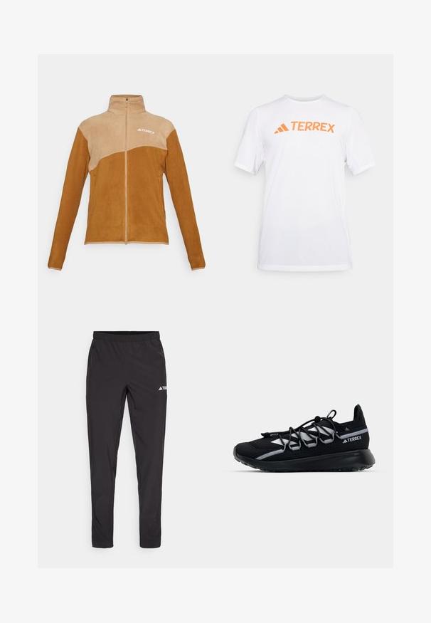 Bruine fleecejas met een beige bovenpaneel, hoge kraag, volle lengte rits en Terrex-logo. Beschikt over twee zijzakken. Zachte textuur.; Witte sportieve T-shirt met korte mouwen, gemaakt van ademend materiaal, met een oranje "TERREX" logo op de borst. Eenvoudig ontwerp met strakke lijnen.; Zwarte sportbroek met een elastieke tailleband, twee zijzakken met rits en een logo op de bovenkant van het rechterbeen. Soepele, lichte stof.; Zwarte sportieve schoen met een mesh bovenkant, reflecterende accenten, elastische veters en een getextureerde rubberen zool. Beschikt over een gestroomlijnd ontwerp voor optimale prestaties.