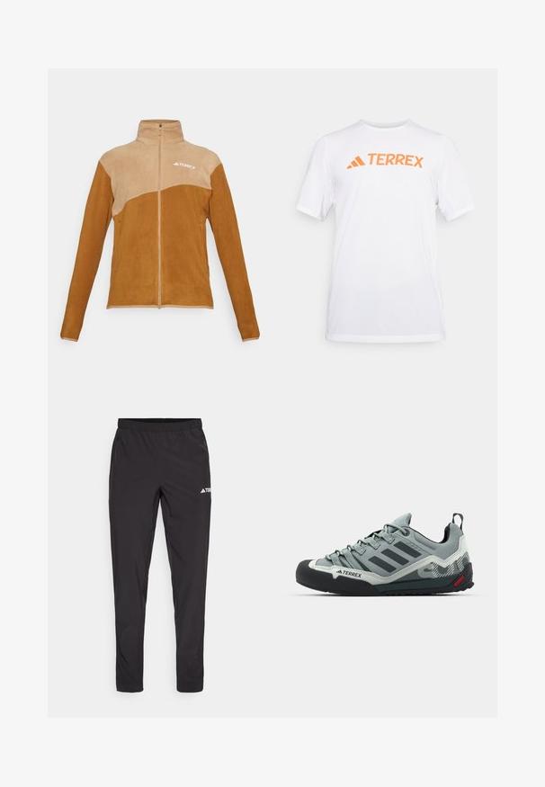 Brahna jakna od flisa s bež gornjim dijelom, visokim ovratnikom, punim zatvaračem i Terrex logotipom. Ima dva bočna džepa. Mekana tekstura.; Bijela kratka sportsku majicu kratkih rukava izrađenu od prozračnog materijala, sa narančastim "TERREX" logotipom preko prsa. Jednostavan dizajn s čistim linijama.; Crne atletske hlače s elastičnom trakom u struku, dva bočna džepa s patentnim zatvaračem i logotipom na gornjem desnom dijelu nogavice. Glatka, lagana tkanina.; Sive čizme za penjanje s teksturiranim gornjim dijelom, crnim gumenim vrhom, tri tamne pruge i malim crvenim detaljem na potplatu.