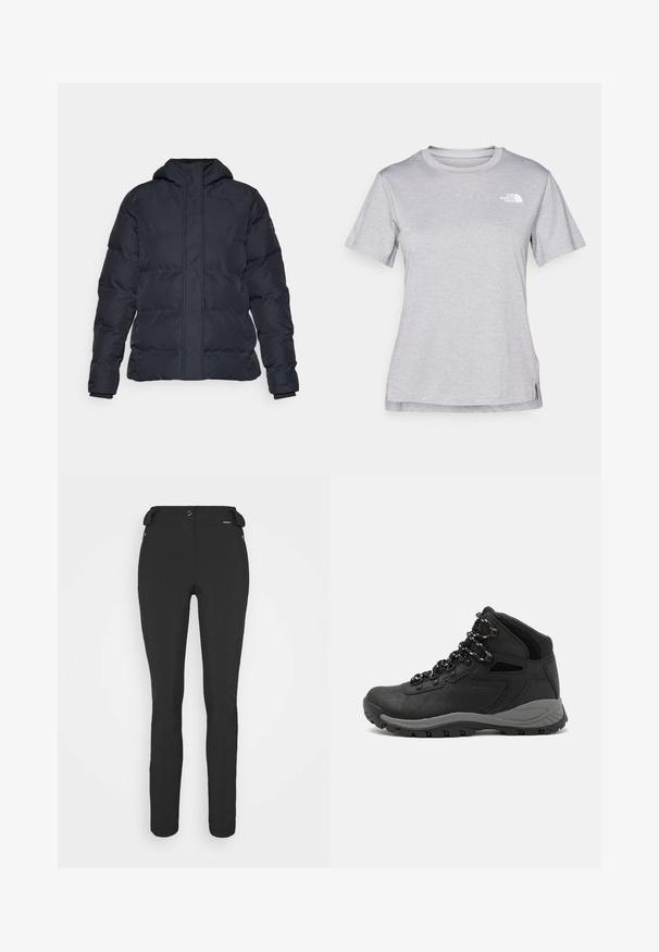 Fekete puffernadrág kapucnival, steppelt mintával, elülső cipzáras záródással és bordázott mandzsettákkal, sima, vízálló anyagból készült.; Szürke, rövid ujjú póló, puha, nedvességet elvezető anyagból készült. Kerek nyakú, és egy kis fehér logó található a bal felső részen.; Fekete, testhezálló nadrág rugalmas anyagból. Jellemzők: cipzáras oldalzseb, artikulált térdek és sima felület.; Fekete túracipő közepes magasságú kialakítással, texturált felsőrésszel, szürke részletekkel és strapabíró gumitalppal, amelynek tapadós kiemelkedései vannak.