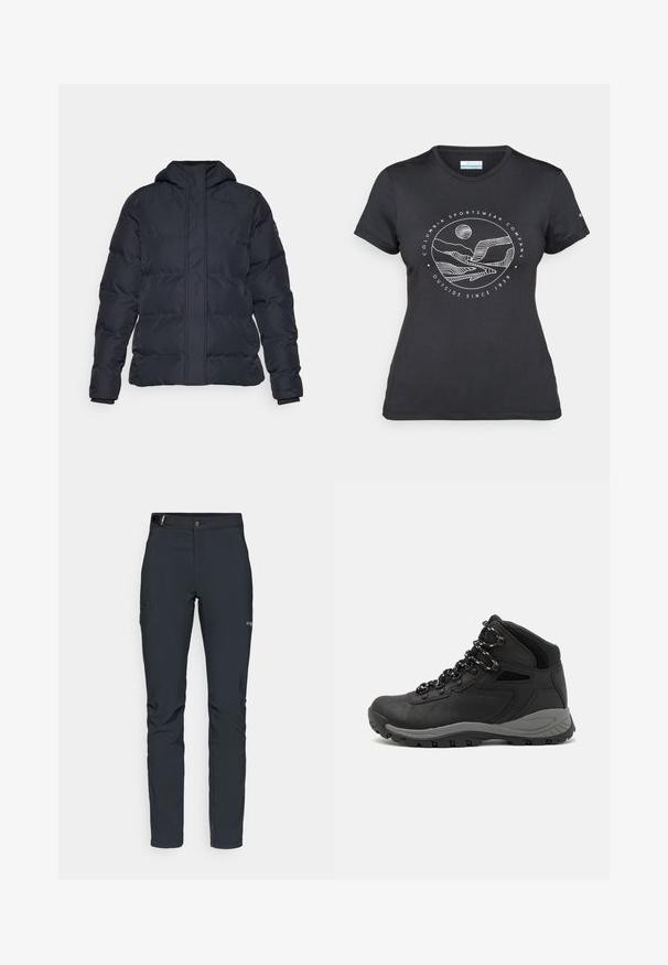 Juodas pūkinis švarkas su kapišonu, pasižymintis siuvinėtu dizainu, priekiniais užtrauktukais ir elastinėmis rankogaliais, pagamintas iš lygios, vandeniui atsparios medžiagos.; Juodas "Columbia" marškinėliai su balta apskrita kalnų ir upės linijų grafika bei tekstu "Columbia Sportswear Company Lauke nuo 1938 metų."; Vyrų lauko kelnės, tamsiai pilkos, pagamintos iš elastingos medžiagos, su diržu, užtrauktukais užtraukiamomis kišenėmis ir sustiprinta siūle.; Juodas žygio botas su vidutinio aukščio dizainu, pasižymintis tekstūruota viršutine dalimi, pilkų akcentų ir patvaria guma padanga su sukibimo gumbais.