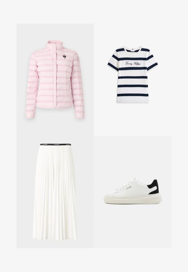 Veste matelassée rose clair avec un motif matelassé vertical, col haut, boutons-pression, poches latérales et patch logo sur la manche.; T-shirt en coton avec des rayures horizontales bleu marine sur un fond blanc. "Tommy Hilfiger" brodé en écriture cursive sur la poitrine. Encolure ras du cou.; Jupe plissée blanche avec une taille élastique noire portant le logo "LACOSTE". Design mi-long avec une texture douce.; Baskets en cuir blanc avec une épaisse semelle blanche, un accent en daim noir au niveau du talon et un logo embossé sur le côté. Design à lacets avec six œillets.
