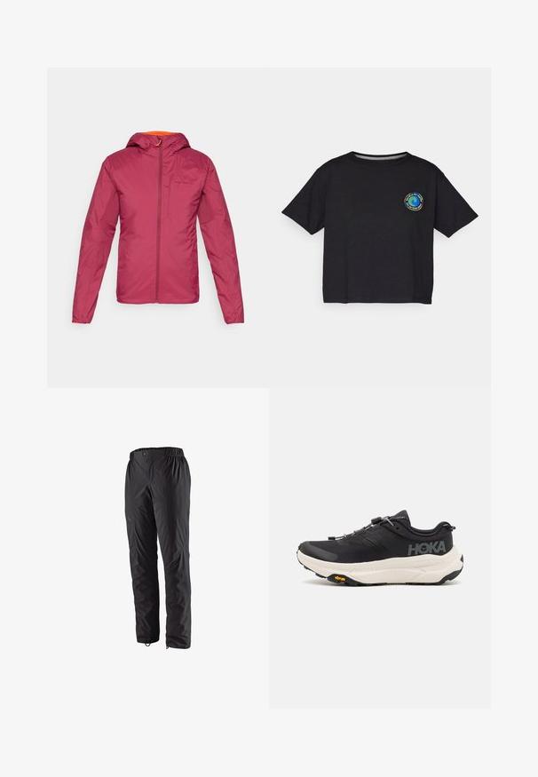 Veste légère bordeaux avec capuche, fabriquée en tissu lisse, dotée d'une fermeture éclair à l'avant et d'accents orange autour de l'encolure.; T-shirt noir en coton à manches courtes avec un logo circulaire multicolore sur la poitrine. Ourlet droit et coupe décontractée.; Pantalons imperméables noirs avec une taille élastique, des poches zippées sur les côtés, des jambes fuselées et une texture lisse. Convient pour les activités de plein air.; Baskets de sport noires avec une tige en mesh respirant, une semelle en caoutchouc, un intermédiaire de coussin en blanc et des lacets réfléchissants. Logo Vibram sur la semelle.