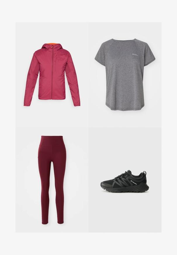 Bordoo värvi kerge jakk kapuutsiga, valmistatud siledast kangast, millel on esineed ja oranžid aktsendid kaelas.; Hallja lühikeste varrukatega hall särk, millel on peen tekstuurne muster, ümmargune kaelus ja Columbia logo rinnal. Pehme kangas, lõdvestunud istuvus.; Kirsipunased kõrge vöökoha leggingsid, mis on valmistatud venivast kangast, sujuva tekstuuriga ja küljetasku detailiga.; Columbia PEAKFREAK - Matkajalatsid - black