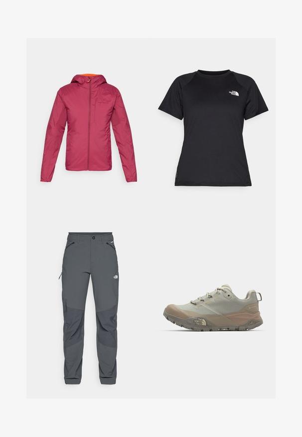 Bordeaux lett jakke med hette, laget av glatt stoff, med glidelås foran og oransje detaljer rundt halsen.; Sort svart treningst-skjorte med korte ermer og rund hals, med The North Face-logoen på øvre venstre bryst.; Mørkegrå utendørsbukser med forsterkede kneputer, glidelås i sidelommer og frontlommer, knappelukking, og The North Face-logo på låret.; Lys grå sportssko med beige aksenter, laget av syntetisk materiale. Har en robust såle, snøring, og merking på siden.