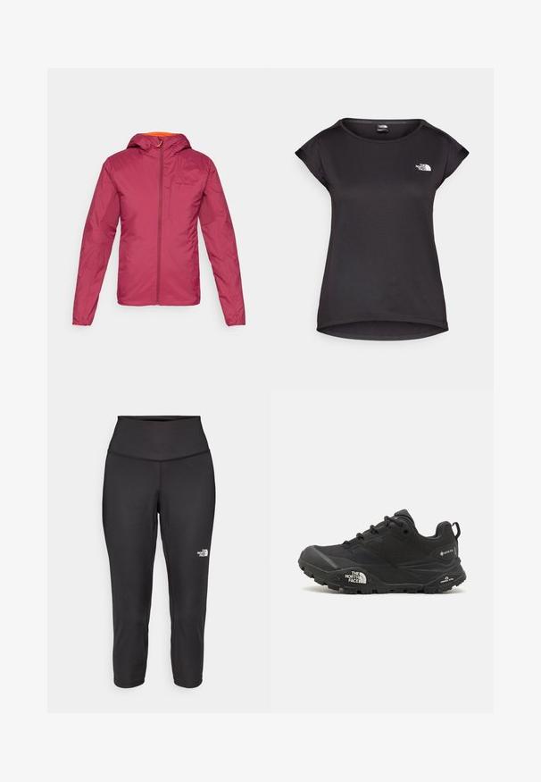 Bordo lagana jakna s kapuljačom, izrađena od glatkog materijala, s prednjim zipom i narančastim detaljima oko izreza.; The North Face TANKEN TANK - Sportska majica - black; Crne capri tajice izrađene od rastezljivog materijala, s visokim strukom i malim bijelim logotipom s lijeve strane. Glatka tekstura.; Crne planinarske cipele s teksturiranim gornjim dijelom, zatvaranjem na vezivanje i debelim gumenim potplatom koji sadrži istaknuti logo na strani i uzorke na gaznom sloju.