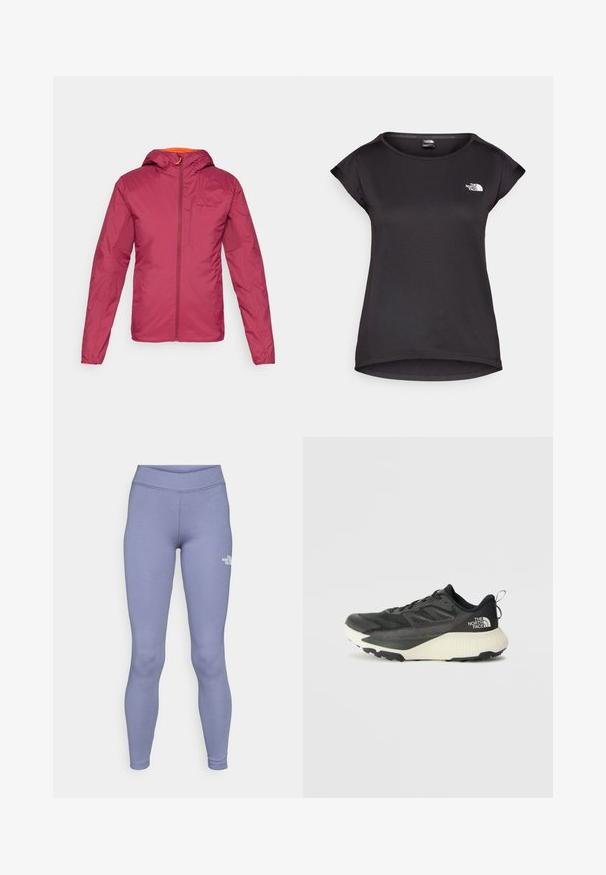 Bordeaux lichtgewicht jack met capuchon, gemaakt van gladde stof, met een voorkeursrits en oranje accenten rond de hals.; The North Face TANKEN TANK - Sport T-shirt - black; Blauwe sportleggings van zacht, rekbaar materiaal. Heeft een hoge tailleband en een klein wit logo op de linker bovenbeen.; Zwarte sportieve schoen met een gestructureerde bovenkant, voorzien van grijze accenten en een witte tussenzool. Inclusief een trekhaak en een opvallend merklogo op de hiel.