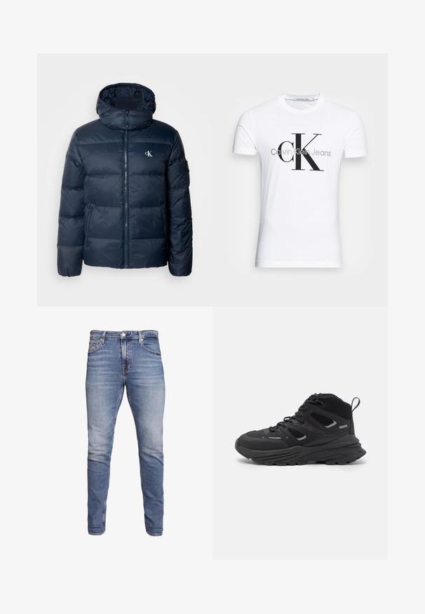 Jachetă puffer de marine cu glugă, închidere cu fermoar și logo-uri. Prezintă panouri matlasate orizontale și buzunare laterale. Fabricată dintr-un material lucios și neted.; Tricou alb din bumbac, cu un logo negru "CK" și textul "Calvin Klein Jeans", cu mâneci scurte și un guler clasic rotund.; Jeans slim-fit de culoare albastră, cu cinci buzunare, spălare decolorată, închidere cu nasture și suport pentru curea, prezentate pe un fundal alb.; Pantofi de drumeție negri cu un design stratificat, material texturat și talpă din cauciuc, cu zone întărite și sistem de șireturi.