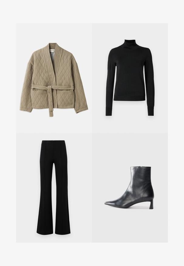 Quiltet beige jakke med bælte i taljen, lange ærmer og diagonalt syningmønster. Har sidelommer og sjalkrave.; Sort langærmet turtleneck sweater med ribbede manchetter og kant, vist på en simpel hvid baggrund.; Sorte højtaljede flared bukser lavet af strækbart stof. Har vertikale sømdetaljer foran og en glat tekstur.; Sort læder ankelstøvle med spids tå og et strømlinet design. Har en lav hæl og en lynlås lukning bagpå. Glat tekstur.