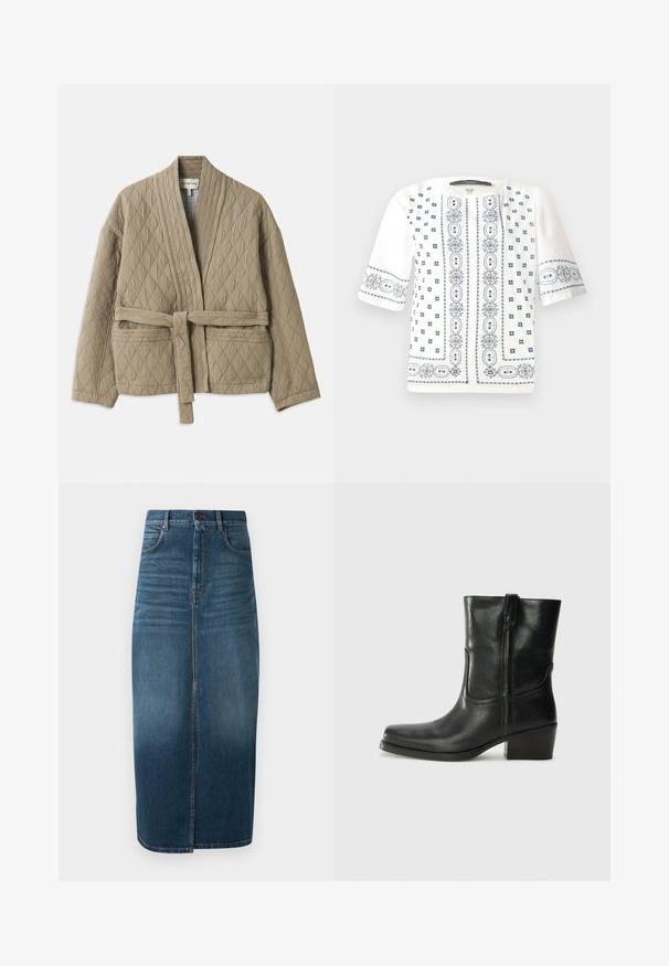 Quiltet beige jakke med bælte i taljen, lange ærmer og diagonalt syningmønster. Har sidelommer og sjalkrave.; Hvid kortærmet bluse med blå blomsterbroderi, rund udskæring og intrikate mønstre langs forsiden og ærmerne.; Denim midi nederdel i mørk indigo med en forkant split og let falming. Klassisk fem-lomme design med metal knaplukning.; Sort læder ankelstøvle med rundt tå, blokhæl, lynlås i siden og stikninger på vampsiden. Glat tekstur, klassisk design.