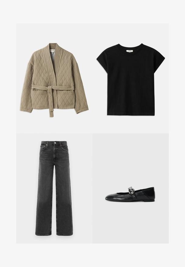 Jaqueta beje acolchoada com cintura com cinto, mangas longas e padrão de costura diagonal. Apresenta bolsos laterais e gola xale.; T-shirt de algodão preta com decote redondo, mangas curtas e corte reto. Textura suave com detalhes mínimos.; Jeans de denim pretos de cintura alta, de perna reta, com botão e fecho de correr à frente, duas bolsas frontais e duas bolsas traseiras.; Sapatilhas de balé pretas em couro com bico pontiagudo, apresentando uma correia com uma fivela metálica circular e sola plana.