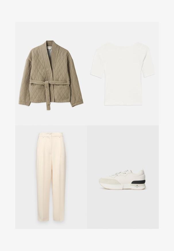 Quilted beige jacket with a belted waist, long sleeves, and diagonal stitching pattern. Features side pockets and a shawl collar.; White ribbed short-sleeve top with a wide neckline. The texture features vertical stripes, emphasizing a snug fit and simple design.; Beige tailored trousers with a straight fit, featuring pleats at the front, a smooth texture, and a mid-rise waist. No visible pockets.; White sneaker featuring a textured suede toe cap, smooth mesh upper, decorative laces, and a black rubber heel accent.