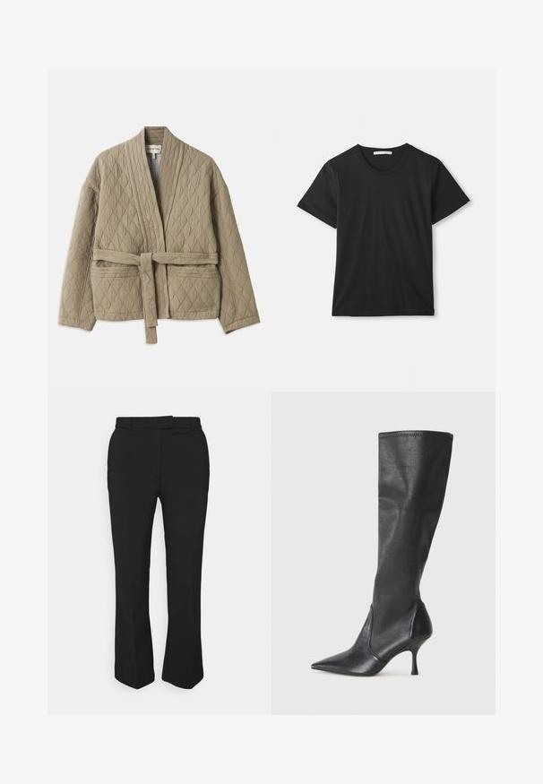 Beżowa kurtka pikowana z paskiem w talii, długimi rękawami i diagonalnym wzorem szycia. Posiada boczne kieszenie i kołnierz szalowy.; Czarny t-shirt z krótkim rękawem i okrągłym dekoltem, wykonany z bawełny, leży płasko na białym tle, z widoczną metką marki wewnątrz kołnierza.; Czarne, dopasowane spodnie o prostym kroju, z pętelkami na pasek i kieszeniami po bokach. Wykonane z gładkiego materiału o czystym wykończeniu.; Czarne skórzane botki do kolan z ostrym noskiem i wąskim obcasem w szpilkę. Gładka tekstura z dopasowanym krojem i przeszyciem na górnej krawędzi.