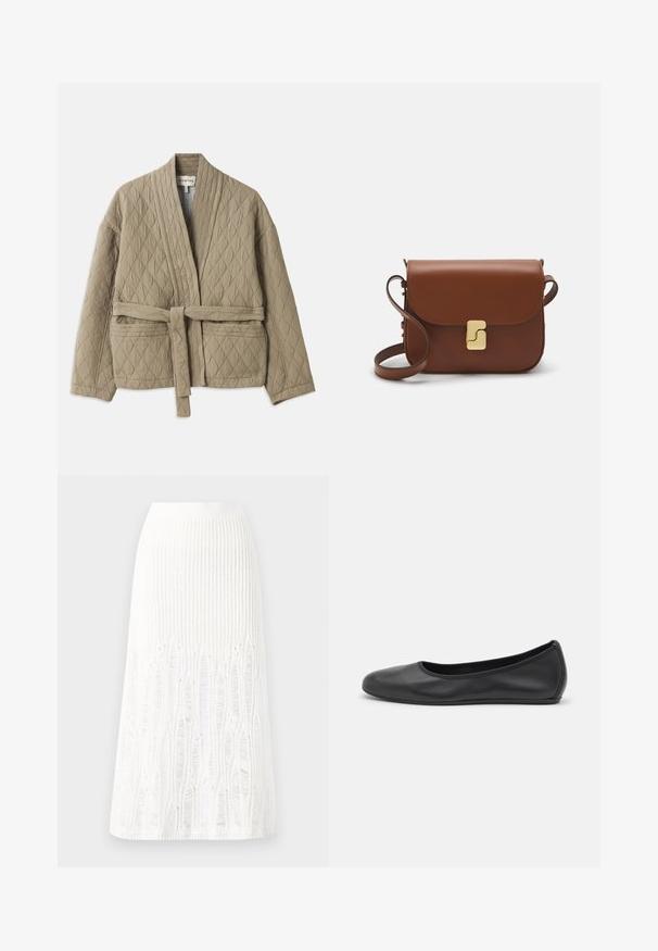 Jachetă bej matlasată cu talie legată, mâneci lungi și model de cusături diagonale. Are buzunare laterale și guler tip șal.; Tricou alb cu mânecă scurtă, confectionat dintr-un material texturat. Gât rotund, tăietură regulară și detalii subtile de cusătură. Fără modele sau grafice.; Fustă midi tricotată albă, cu un model texturat ce include linii verticale și detalii decupate aproape de tiv. Talie elastică. Material moale.; Balerini din piele neagră, cu vârf rotund, textură netedă, detalii de cusătură minimale și un design al tălpii flexibil.; Geantă de piele maro cu închidere tip capac, accesorii de culoare aurie, curea de umăr și o textură netedă. Formă compactă și rectangulară.