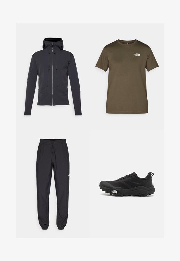 Salomon OUTPEAK - Soft shell jacket - deep black; Olive green cotton t-shirt with short sleeves, crew neck, and a white logo on the left chest. Smooth fabric texture, regular fit.; Black athletic pants made from lightweight fabric, featuring a drawstring waistband, side pockets, and tapered cuffs at the ankles.; Black trail running shoe with a textured upper, rubber sole, and reinforced toe cap. Features a padded collar and pull tab for easy wear.