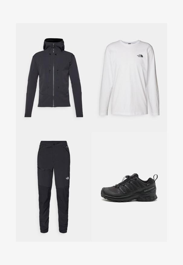 Salomon OUTPEAK - Softshell jakker - deep black; Hvid langærmet T-shirt lavet af bomuld med rund hals. Har et lille sort logo på brystet. Glat tekstur, almindelig pasform.; Sorte udendørs bukser med tapered fit, lavet af slidstærkt stof. Udstyret med lynlåslommer og diskret branding på det forreste ben.; Sort atletik sko med en struktureret syntetisk overdel, polstret sål og et hurtiglukkesystem. Har forstærket tå og hæl.