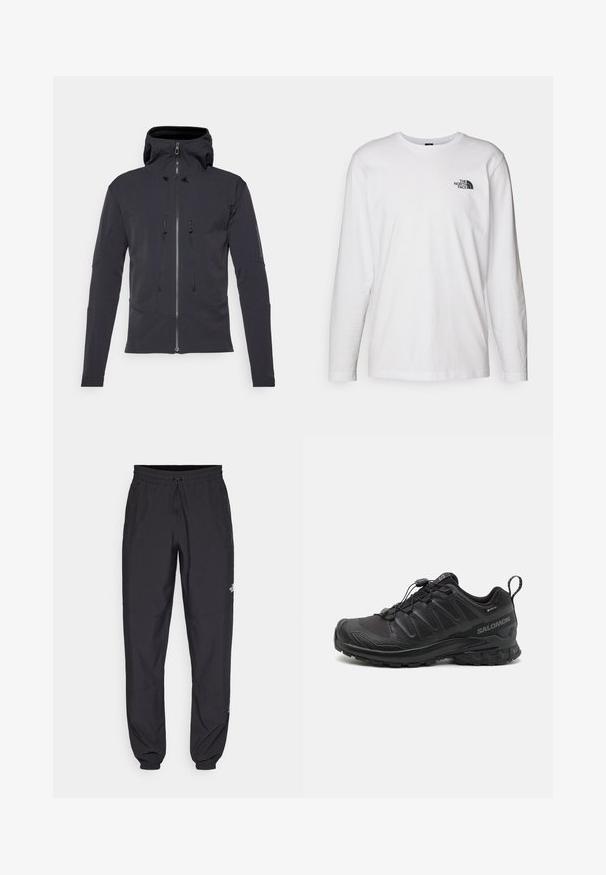 Salomon OUTPEAK - Softshelljakke - deep black; Hvit langermet T-skjorte laget av bomull med rund hals. Har en liten svart logo på brystet. Glatt tekstur, vanlig passform.; Sorte idrettsbukser laget av lett stoff, med snor i livet, sidelommer og smale mansjetter ved anklene.; Svart sportsko med en teksturert syntetisk overdel, polstret såle og et hurtiglenkesystem. Har forsterket tå og hæl.
