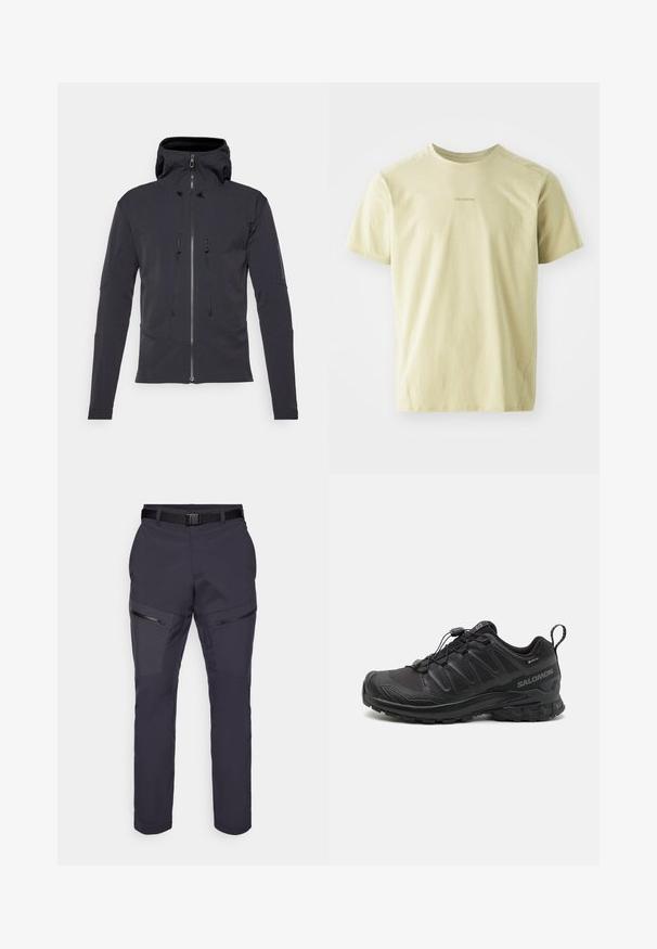 Salomon OUTPEAK - Softshelljacke - deep black; Salomon TRACKLINE TEE - Sport T-Shirt - gray green; Dunkelblaue Outdoor-Hosen mit Slim Fit, ausgestattet mit Reißverschlusstaschen, verstärkten Kniepartien und einem verstellbaren Bund. Leichtes Material.; Schwarzer Sportschuh mit einer strukturierten, synthetischen Oberseite, gepolsterten Sohle und einem schnellen Schnürsystem. Verfügt über eine verstärkte Zehen- und Fersenkappe.