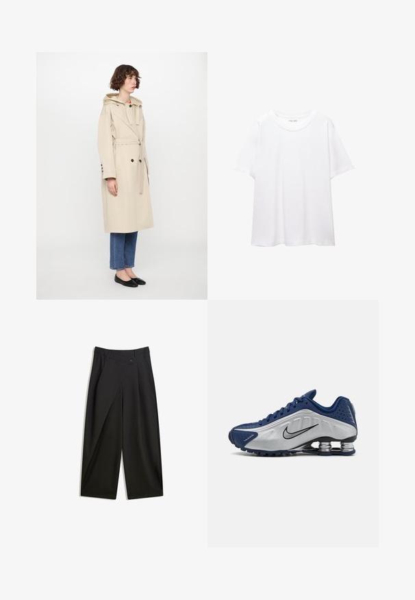 Beżowy płaszcz trenchowy z pikowaną, błyszczącą kapturem, z paskiem w talii i zapinanymi mankietami. Posiada długi fason i boczne rozcięcia umożliwiające swobodne poruszanie się.; Prosta, biała koszulka wykonana z bawełny, z okrągłym dekoltem, krótkimi rękawami i luźnym krojem. Gładka faktura, bez wzorów czy akcentów.; Czarne szerokie spodnie wykonane z gładkiego materiału. Posiadają plisę z przodu, zapięcie na guzik oraz dopasowaną talię, co zapewnia schludny wygląd.; Niebieskie i srebrne buty sportowe z teksturowaną cholewką, perforacjami i zakrzywioną podeszwą z metalicznymi elementami amortyzującymi. Czarny akcent z logo.