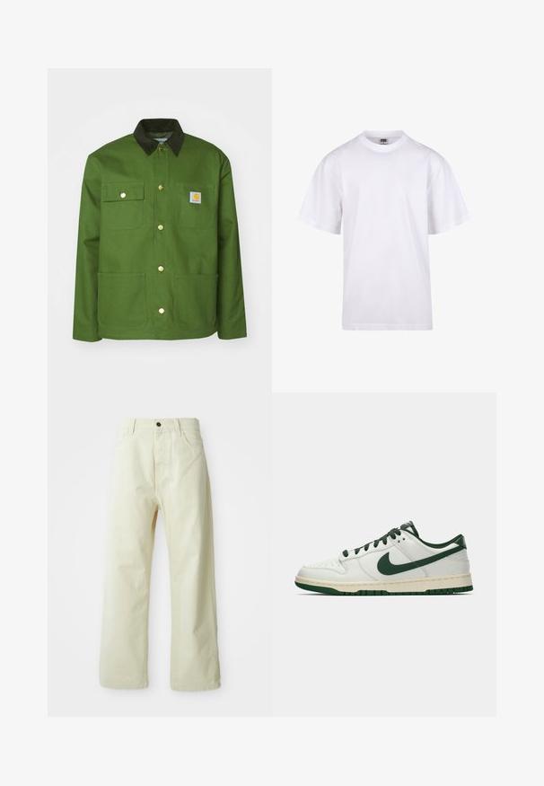Carhartt WIP MICHIGAN - Übergangsjacke - tarragon/black rigid; Weißes Baumwoll-T-Shirt mit Rundhalsausschnitt, kurzen Ärmeln und lockerer Passform. Hat ein schlichtes Design ohne Muster oder Akzente.; Hellgelbe, weit geschnittene Jeanshose aus Denim mit einem vorderen Knopfverschluss, fünf Taschen und geradlinigem, unaufgeregtem Design.; Weiße Low-Top-Sneaker mit dunkelgrüner Nike-Swoosh, Schnürsenkeln und Akzenten an der Sohle, im Profil auf einem schlichten weißen Hintergrund abgebildet.